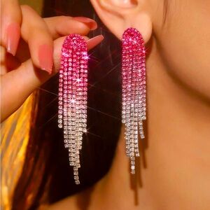 Metallic Pink Rhinestone Tassel Earrings NEW 🏷️